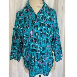 Vintage 90s Turquoise/Pink/Black Abstract Print Button Up Blouse Size: Medium